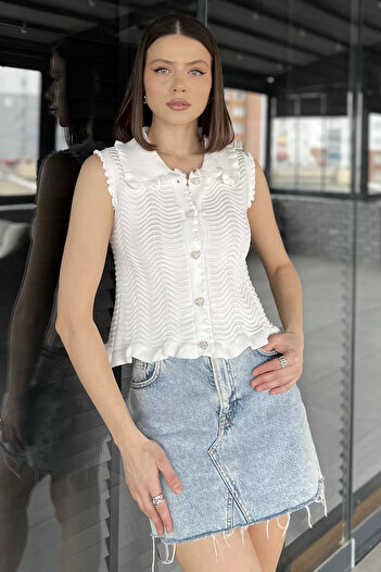 GÜLSELİ White Women's Baby Collar Wave Patterned Knitwear Vest