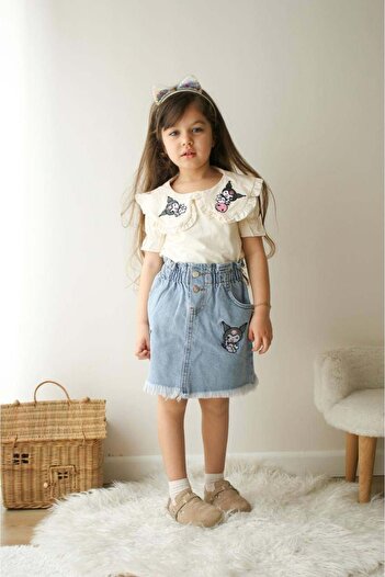 MİNİKO KİDS Girl's Kuromi Model Jeans Skirt Cotton Suit