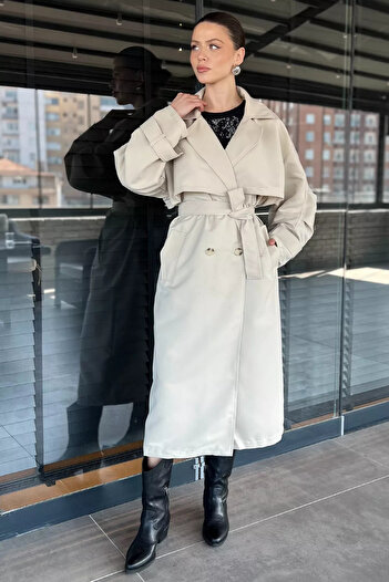 GÜLSELİ Stone Women's Waist Belted Slit Oversize Trench Coat