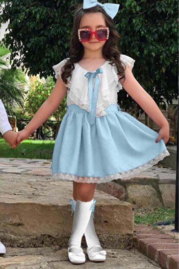 Riccotarz Girl's V-Neck Shoulder and Hem Tip Lace Embroidered Blue Dress