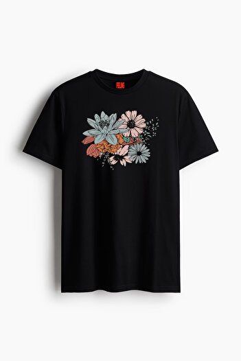 MARKATEM Unisex μαλακή υφή γυναικεία ανδρική μπλούζα με λαιμόκοψη βαμβακερή φλοράλ εμπριμέ βασική μπλούζα