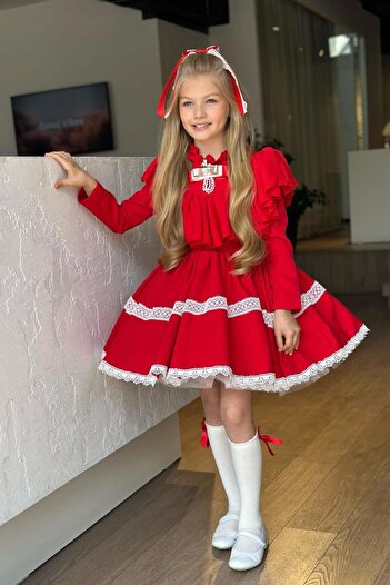 Riccotarz Girl's Chest and Collar Ruffled Skirt Pleated Lace Stripe Detail Red Dress