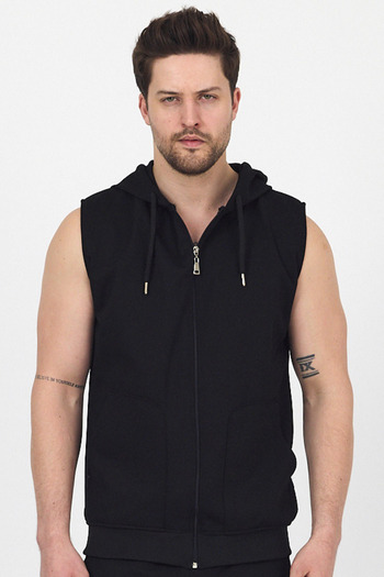 DAMGA JEANS Men's Hooded Sleeveless Zippered Summer Long Black Sweat Vest