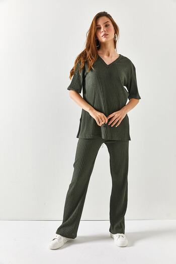 Olalook Dámský khaki top s výstřihem do V a spodním dílem Palazzo Corded Suit TKM-19000212