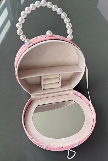 TAKIŞTIR Pembe Renk Unicorn Figürlü İnci Detaylı Çanta Detaylı Takı Kutusu/Organizer