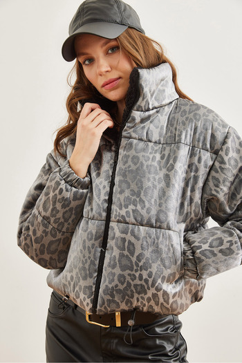 Olalook Women's Gray Leopard Print Shiny Puffer Jacket with Pockets Mnt- 19000046