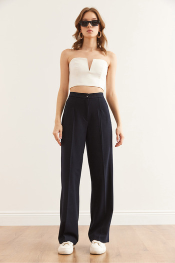 Olalook Navy Blue Single Button Palazzo Women's Trousers - Polyviscose Pnt- 19000296