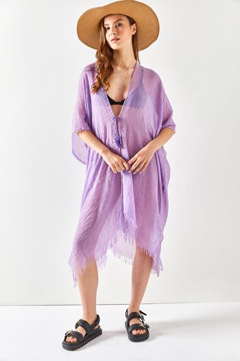 Olalook Women's Lilac Slit Tie-Up Pareo Kimono KMN-00000063