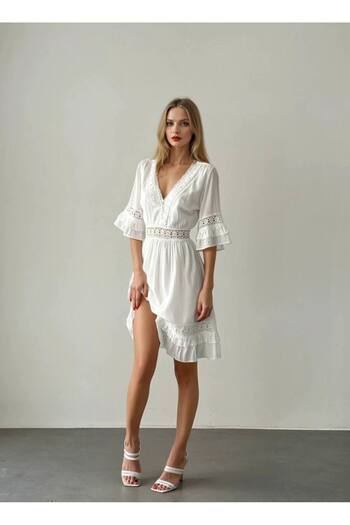 FASHION COCKTAIL Ρομαντικό φόρεμα με δαντέλα με κέντημα με λαιμόκοψη σε σχήμα V στη μέση, Bohemian Seaside Summer Holiday