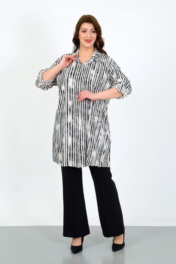 By Alba Collection Women's Gray Striped Cotton Viscose Large Size Tunic