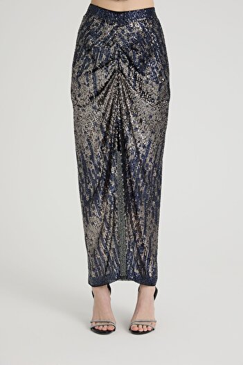 Dejabrew Jeans Navy Blue Large Size Sequined Draped Long Skirt A070-1