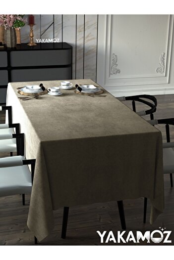 Yakamoz SAND BEIGE VELVET TEXTURED TABLE COVER LEATHERLESS VELVET TOUCH SERIES