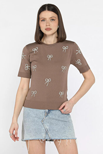 GÜLSELİ Mink Stone Detailed Crew Neck Women's Short Sleeve Blouse