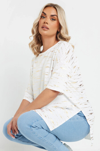 Stil Diva Large Size Short Sleeve Crew Neck Metallic Printed T-Shirt with Side Slits 303955