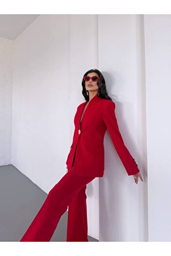NILOO Kadın Tek Büyük Düğmeli Blazer Ceket Pantalon Takım