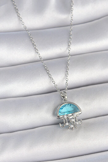 Skygo 316L Steel Silver Color Chain Blue Stone Jellyfish Model Pearl Detail Women's Necklace - Tj-Bko10042