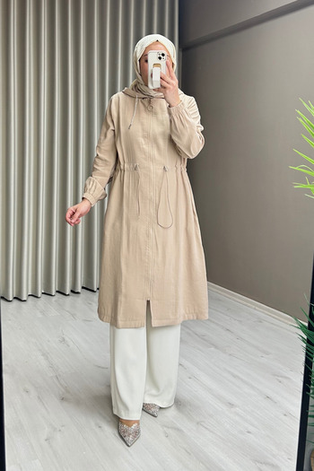 NOSHE Silk Cupra Fabric Hooded Waist Drawstring Detailed Medium Length Cap