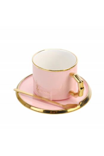PUFO Luxury ceramic mug and spoon for coffee or tea, 230 ml, pink