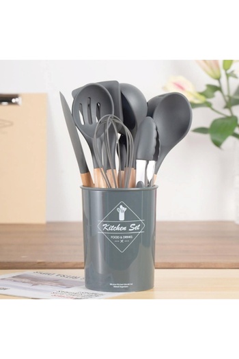 KUNFLEX Heat Resistant Wooden Handle Fireproof Non-Stick Silicone Spatula Set (11 1) 12 Pieces