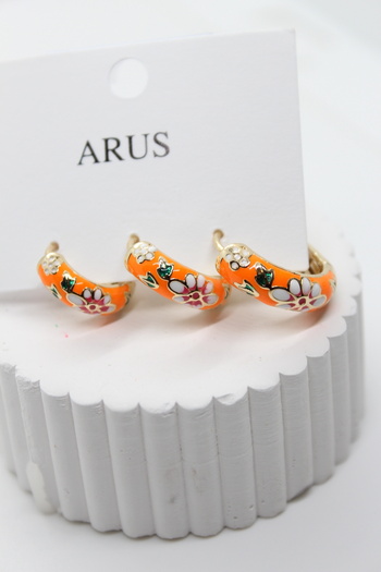 stainles steel Flower Enameled Orange Colored 3-Piece Tarnish-Free Steel Earrings