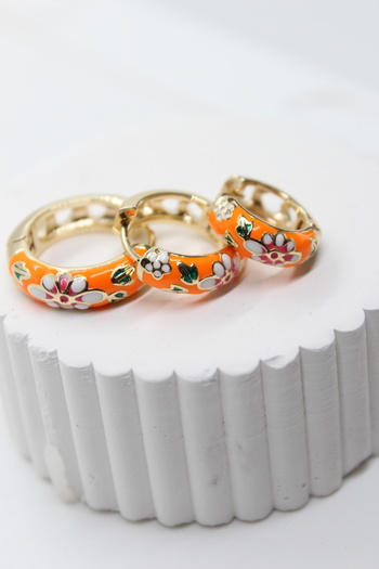 stainles steel Flower Enameled Orange Colored 3-Piece Tarnish-Free Steel Earrings