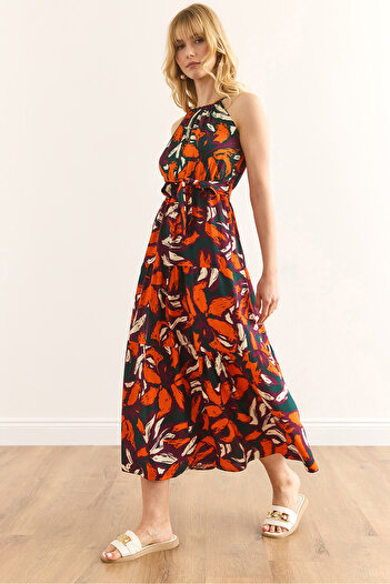 Olalook Women's Purple Orange Halter Neck Belted Woven Viscon Dress Elb-19001548
