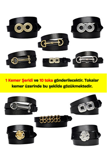 GoDeri 2cm Wide Genuine Leather Black Women's Belt Set - for 1 Belt and 10 Buckles