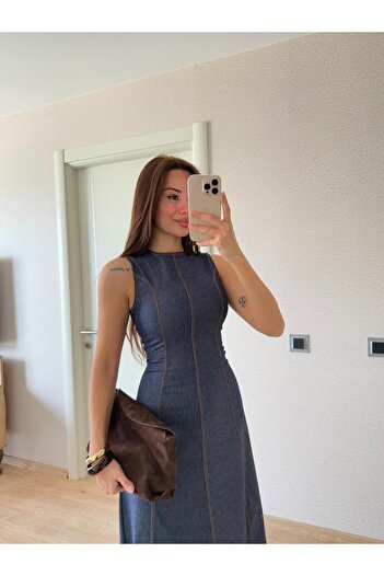 FMN Moda denim design echivalent cu talie ajustată fustă midi cu clopoței trend Pinterest cusături blugi rochie lungă