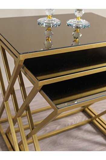 Mobievim Venedik Bronz Aynalı Zigon Sehpa 3’lü Set – Gold Metal Ayaklı Modern Tasarım