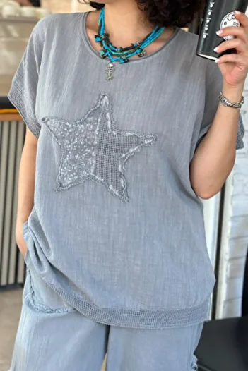 AYASOFYA OTANTIK Women's Gray Applique Sequin Sequin Star Sleeve and Hem Mesh Detailed Oversize Loose 100% Cotton Blouse