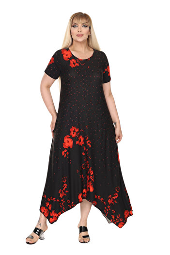 MELSAY Women's Short Sleeve Asymmetrical Cut Red Polka Dot Ferret Pattern Large Size Dress