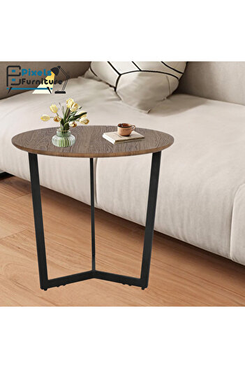 PixelsFurniture Pixel Furniture Sturdy Round Side Coffee Table with Wood Top and Metal Base