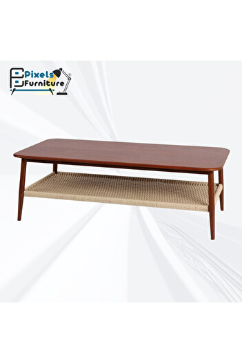 PixelsFurniture Pixel Furniture 2-Tier Coffee Table with Wood Top, Rattan Bottom Shelf and Metal Ends