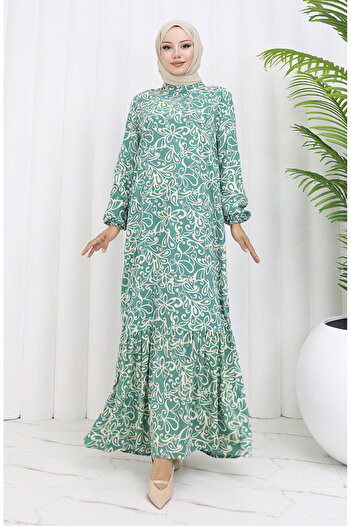 sefamerve Viscose Fabric Elastic Patterned Dress 2036-02 Green