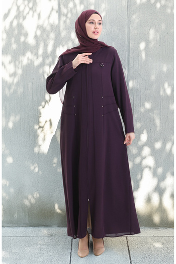 sefamerve Large Size Metal Bead Zippered Ferace 6148-03 Plum