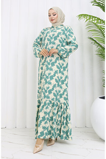 sefamerve Viscose Fabric Elastic Patterned Dress 2034-02 Green