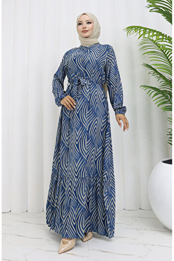 sefamerve Viscose Fabric Patterned Dress 4074-05 Indigo