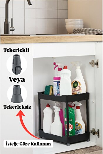 Bayev Class Black 2 Tier under Sink Organizer Detergent Bathroom Organizer Shelf Unit with Wheels
