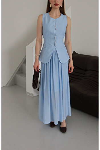 Laluvia Blue Vest Elastic Waist Skirt Suit - 8651