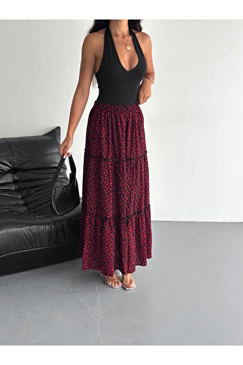 YUSUF CAN KARATAŞ KARATAŞ GİYİM Women's Large Size Red Color Elastic Waist Ruffled Woven Fabric Long Skirt Length 100 cm