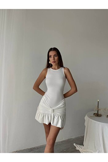 NovaRopa Rochie mini din țesătură submersibilă cu drapele albe pentru femei-DSC026