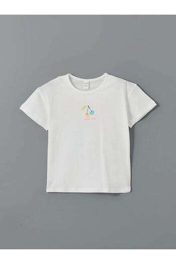 LC Waikiki LCW Kids White Crew Neck με στάμπα χτενισμένο βαμβακερό μπλουζάκι για κορίτσια