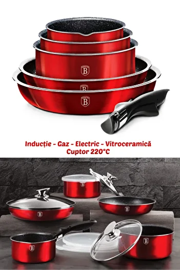 Berlinger Haus Detachable Handle Cookware Set Ingenio Nonstick Pots Pans 12 Pcs Burgundy Metallic Line