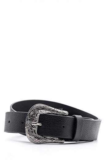 Paçuli Moda Patchouli Women's Patterned Black Nickel Buckle Belt K-ss20002
