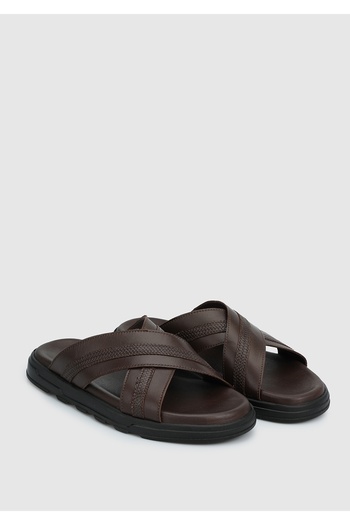 Eclipse Καφέ Δερμάτινες Ανδρικές Παντόφλες Comfort