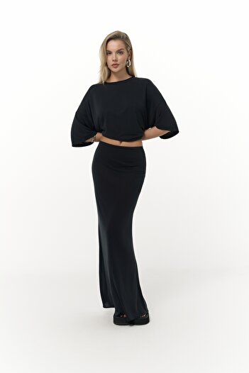 MAİ COLLECTİON Grazia Black T-Shirt Skirt Set