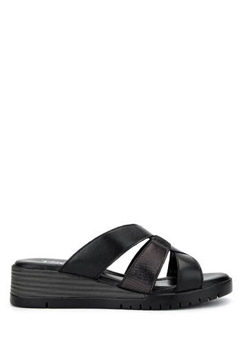 Tamer Tanca Women's Genuine Leather Black Heeled Slippers