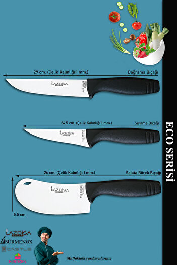 LAZBİSA Eco Serisi Mutfak Bıçak Seti Et Ekmek Sebze Pizza Salata Pide Şef Bıçağı 3 Parça Set ( Mft-4536)
