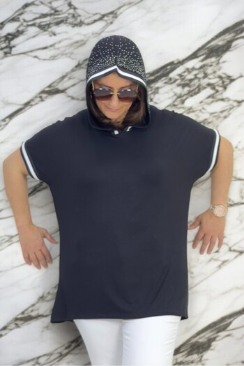 yagmurberen Hooded Stone Decorated Sleeve Mouth Ribbed Large Size Bluz