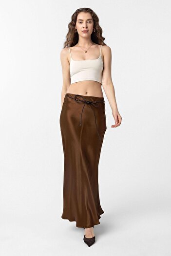 Antioch Brown Belted Satin Long Women's Skirt